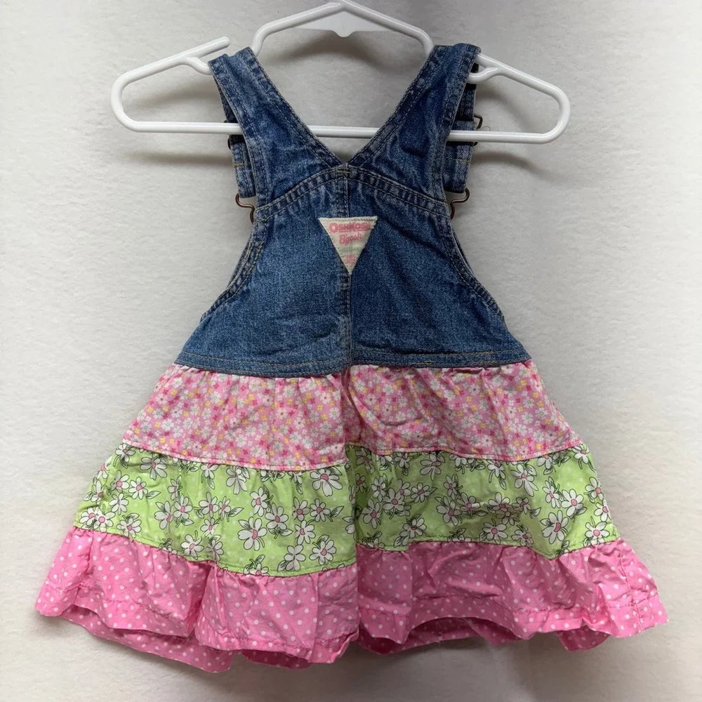 OshKosh B'gosh Baby Girls Denim Overalls Dress‎ Tiered Floral Ruffle Pink Green